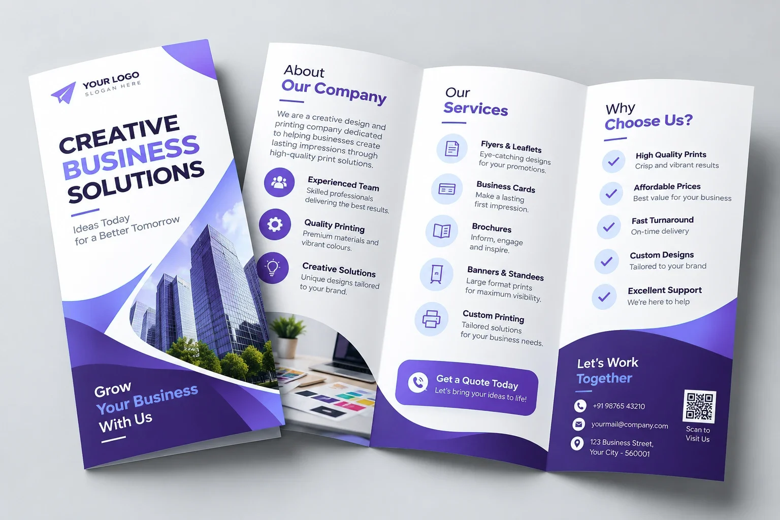 Cover of a DL tri-fold brochure in purple and white