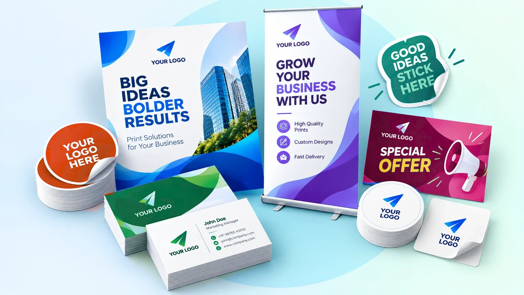 Print suite on a bright studio surface: business cards, an A4 poster, a pull-up banner, a postcard and stickers in a range of brand colours