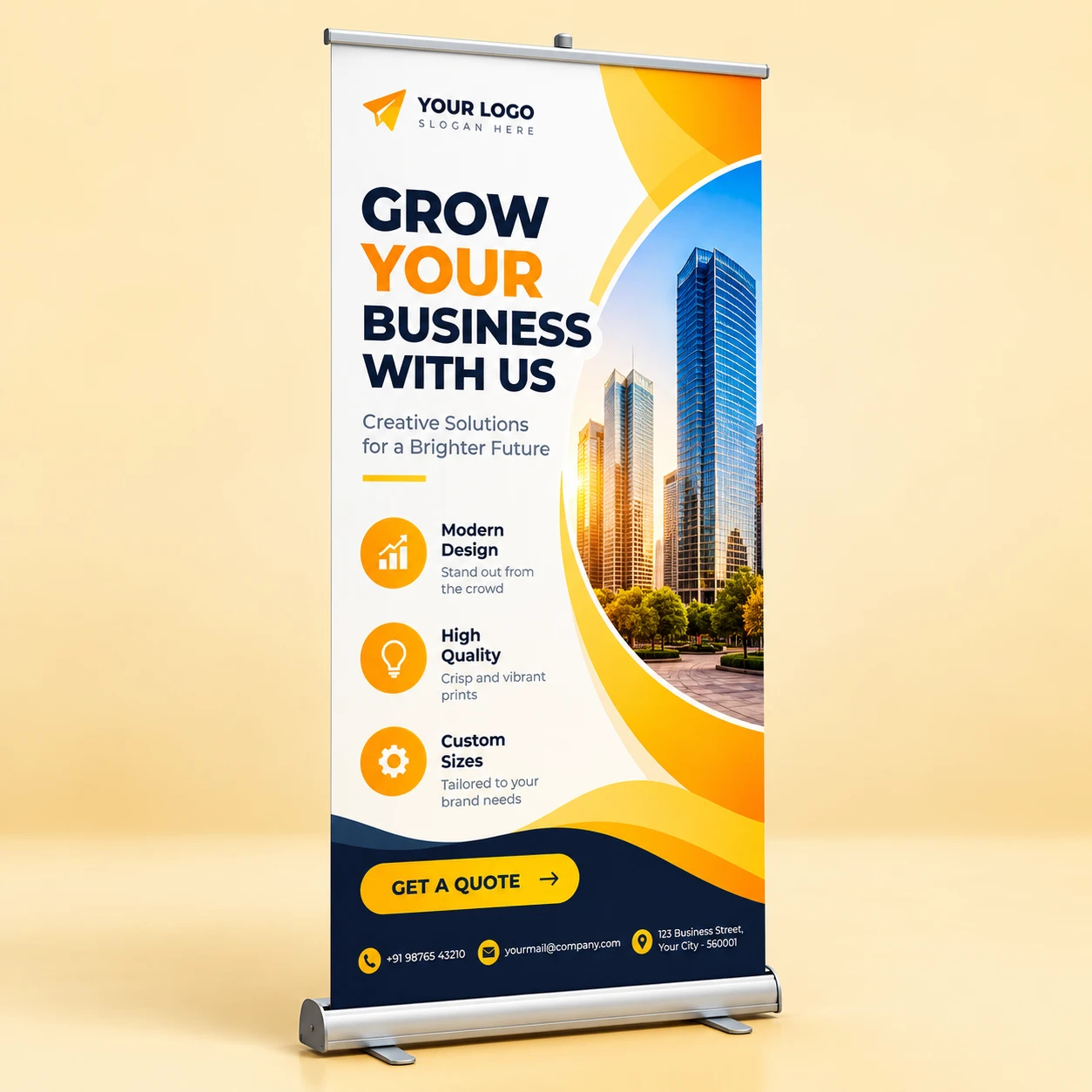 Pull-up banner on a retractable aluminium stand