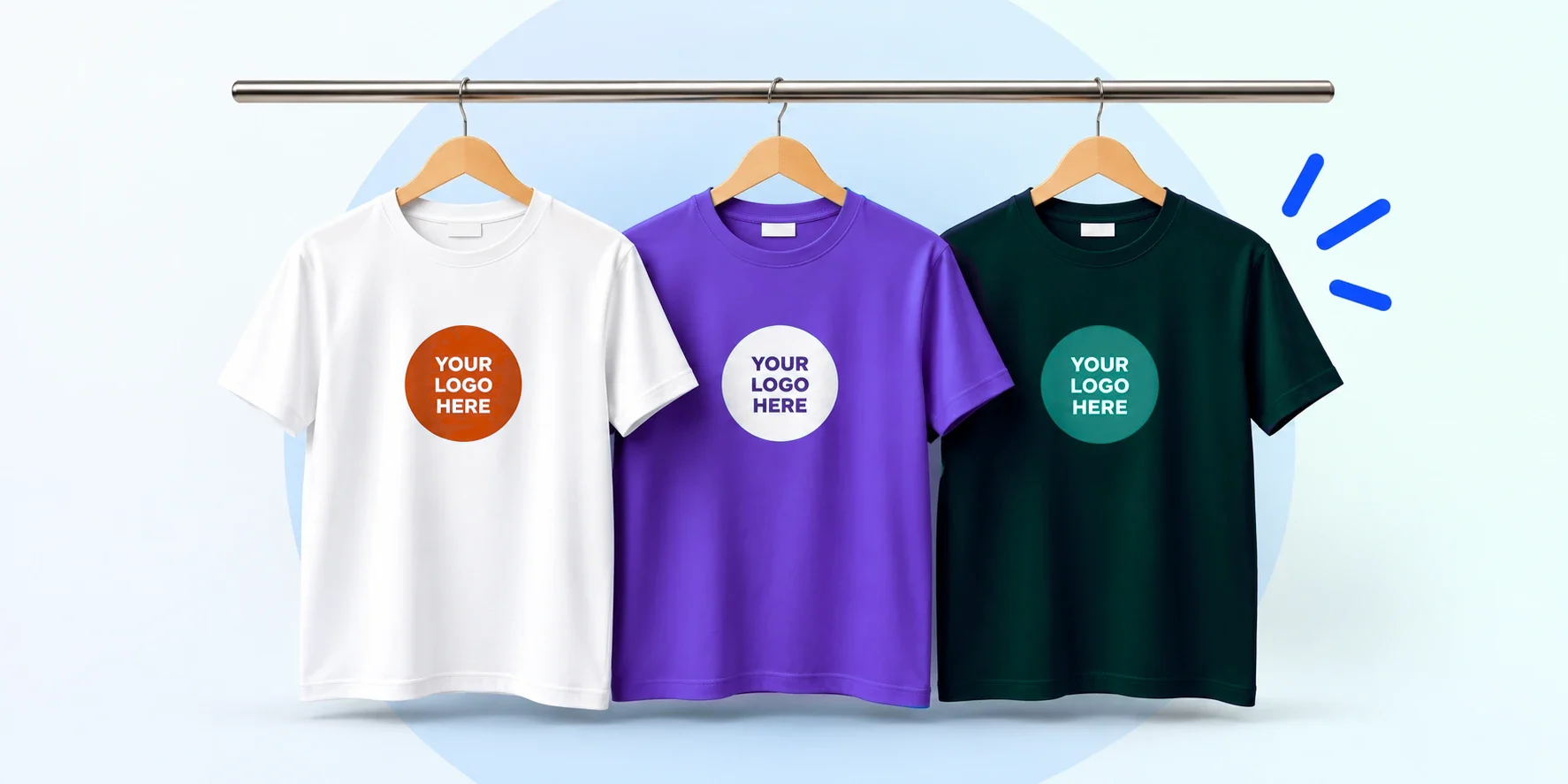 Branded T-shirts in white, purple and dark green